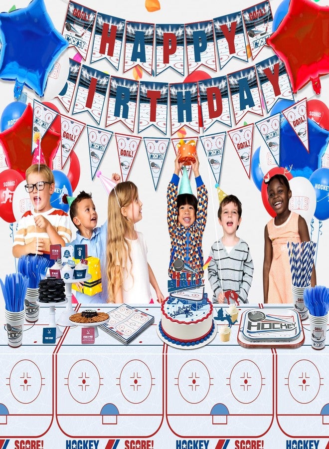 PTECDROTS 219Pcs Hockey Party Decorations - Hockey Plates, Napkins, Tablecloth, Banner, Cups, Hockey Balloon, Hockey Invitation, Cake Toppers Hockey Decorations for Party Sports Hockey Birthday Party Supplies - Image 5